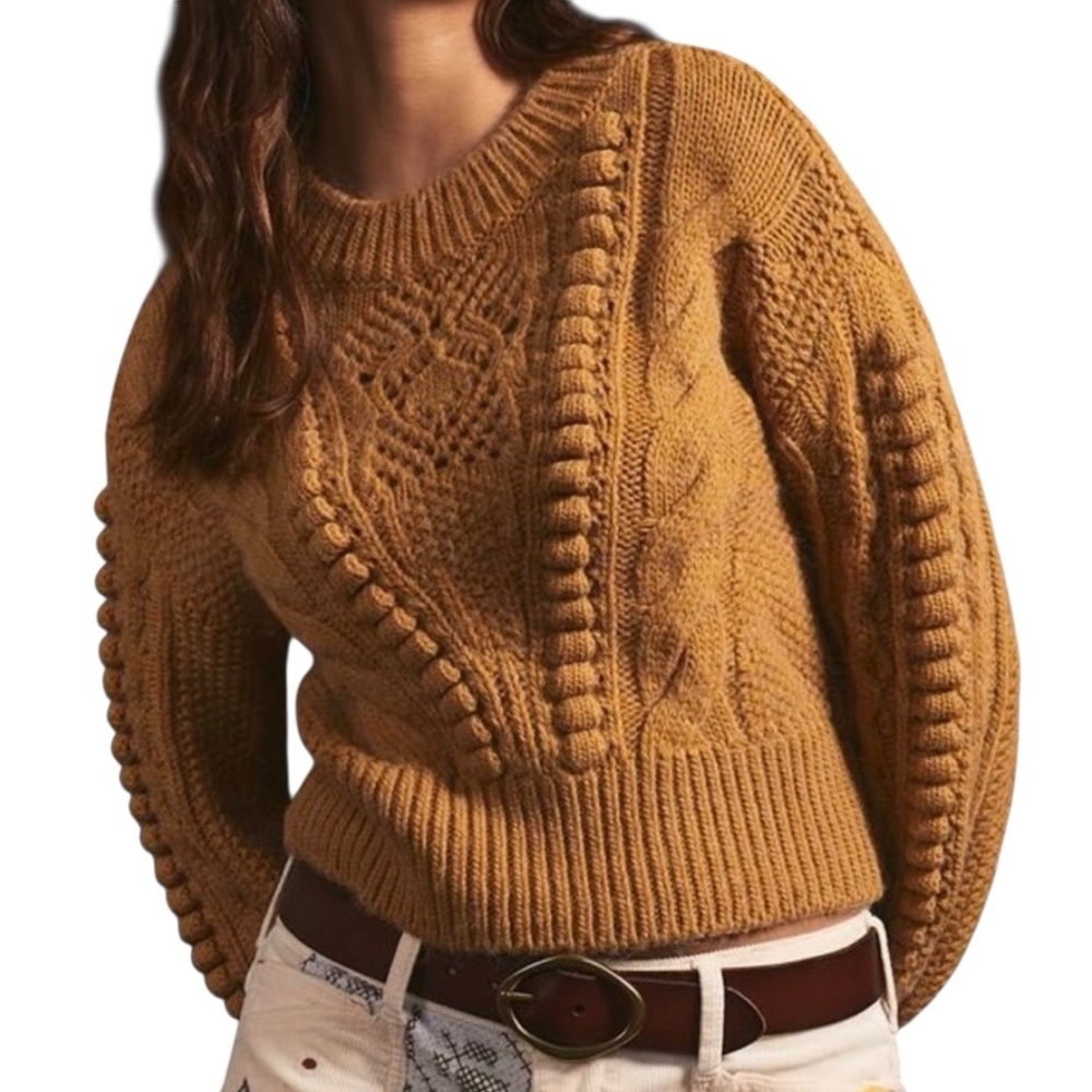 Anthropologie Cable Knit Sweater Large Camel Fisherman Cabincore Angler